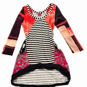 Save The Queen Multicolor Asymmetrical Mesh And Silk Long Sleeve Tunic Top S